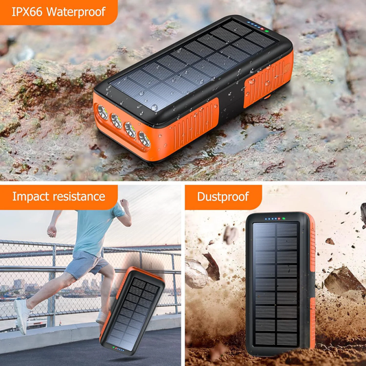 The Ultimate 30000mAh Solar Power Bank with Hand Crank and Dual Built-in Cable